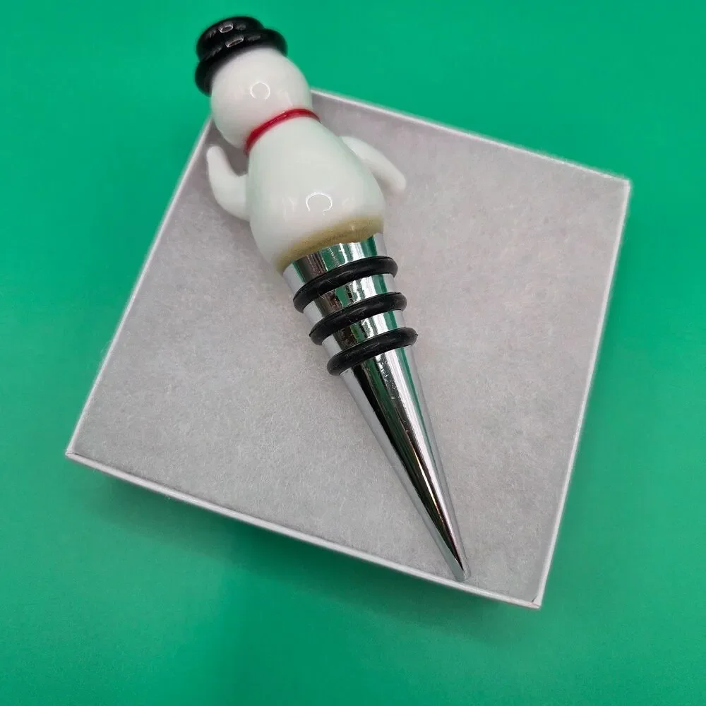 Hallmark Glass Snowman Wine Bottle Stopper Stainless Base Rubber Seal Rings